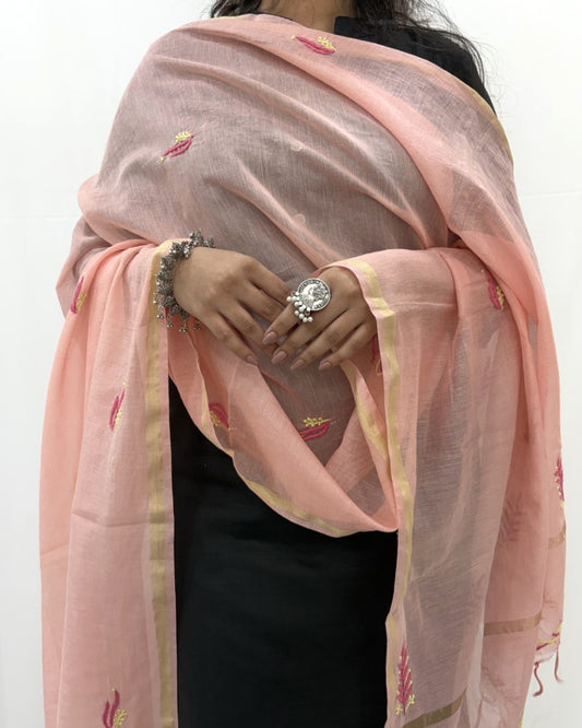 Lucknowi Chikankari Peach Chanderi Silk Dupatta