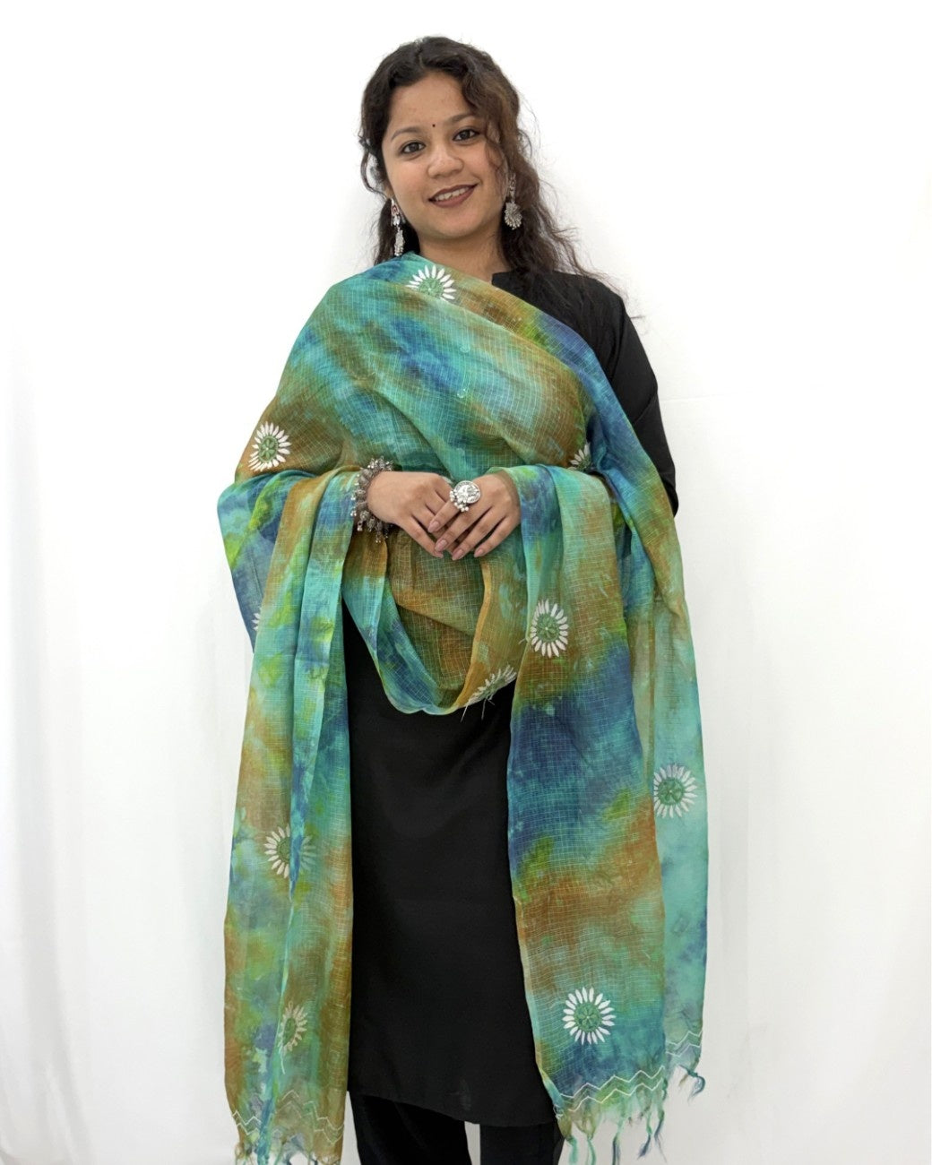 Lucknowi Chikankari Green and Blue Tie-Dye Kota Silk Dupatta