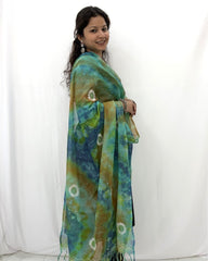 Lucknowi Chikankari Green and Blue Tie-Dye Kota Silk Dupatta
