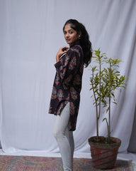 Nirrti Ajrakh Black Cotton Short Top Kurti