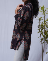 Nirrti Ajrakh Black Cotton Short Top Kurti
