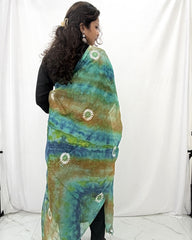 Lucknowi Chikankari Green and Blue Tie-Dye Kota Silk Dupatta