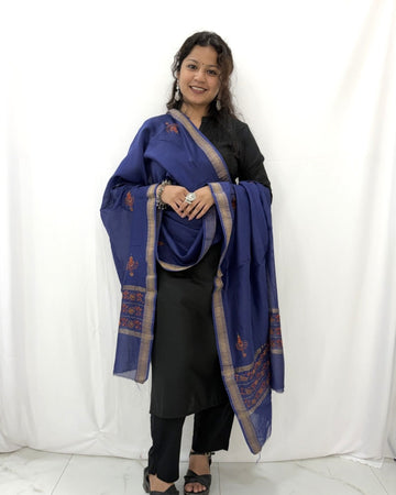 Kashmir Sozni Embroidery Blue Maheshwari Silk Dupatta