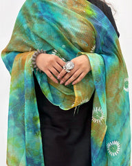 Lucknowi Chikankari Green and Blue Tie-Dye Kota Silk Dupatta
