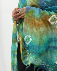 Lucknowi Chikankari Green and Blue Tie-Dye Kota Silk Dupatta