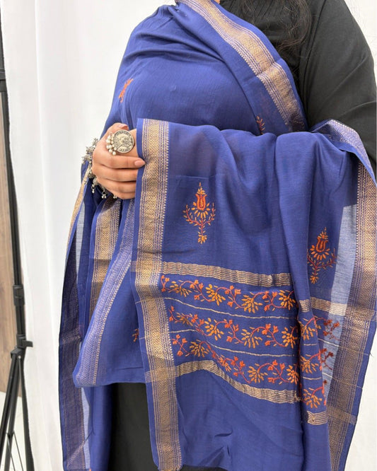 Kashmir Sozni Embroidery Blue Maheshwari Silk Dupatta