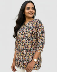 Devki Black Cotton Short Top Kurti