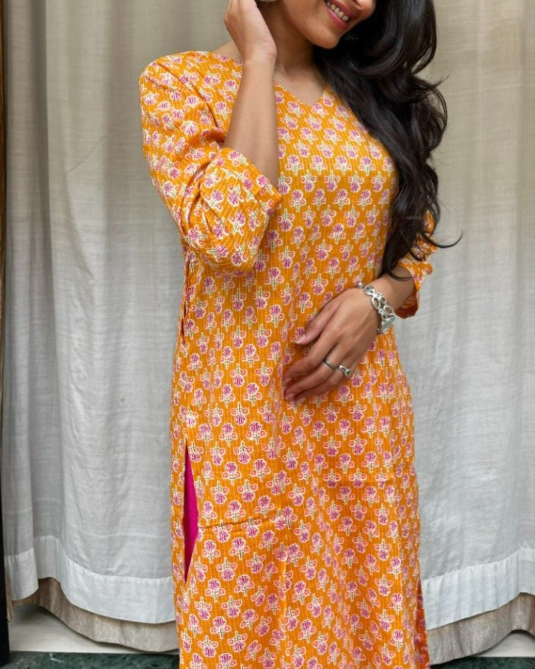 yellow cotton straight kurta     