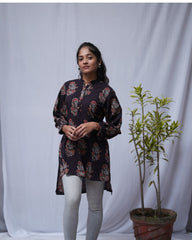 Nirrti Ajrakh Black Cotton Short Top Kurti