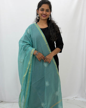 Lucknowi Chikankari Blue Kota Silk Dupatta