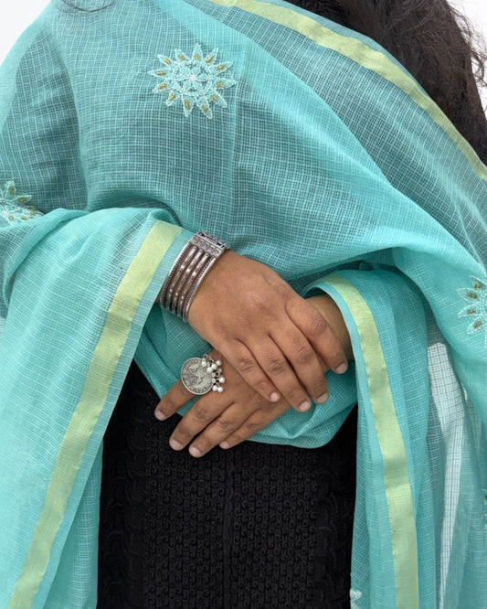 Lucknowi Chikankari Blue Kota Silk Dupatta