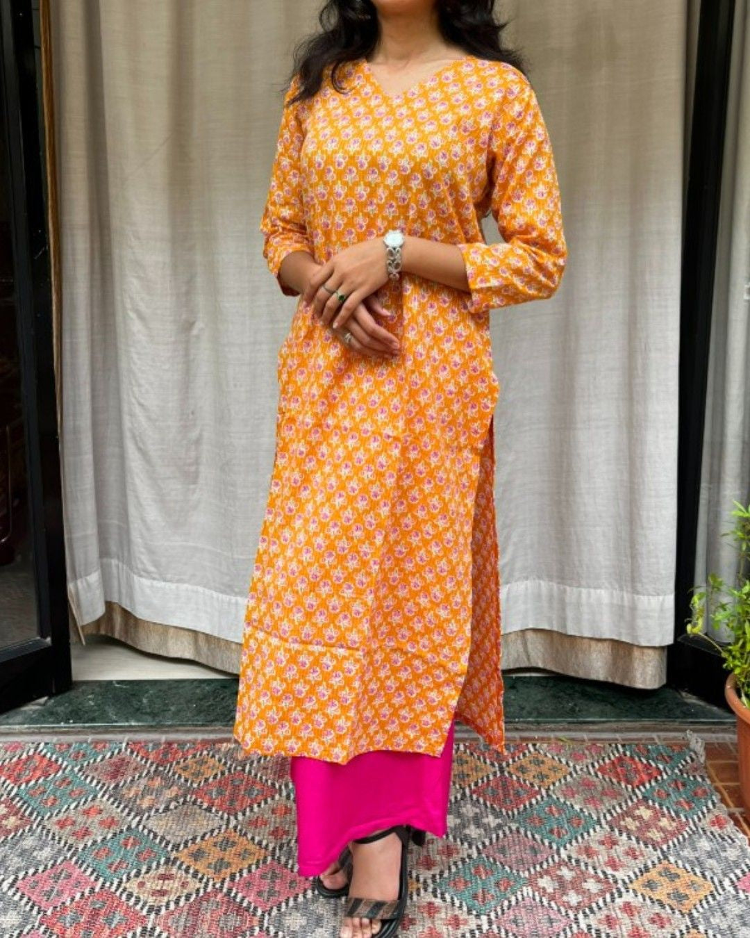 yellow cotton straight kurta     