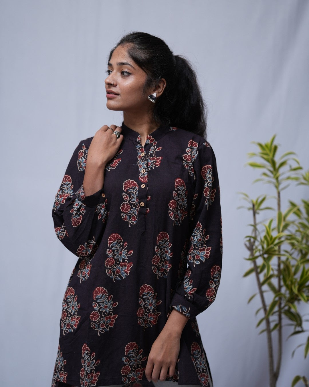 Nirrti Ajrakh Black Cotton Short Top Kurti
