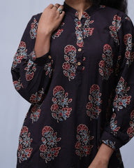 Nirrti Ajrakh Black Cotton Short Top Kurti