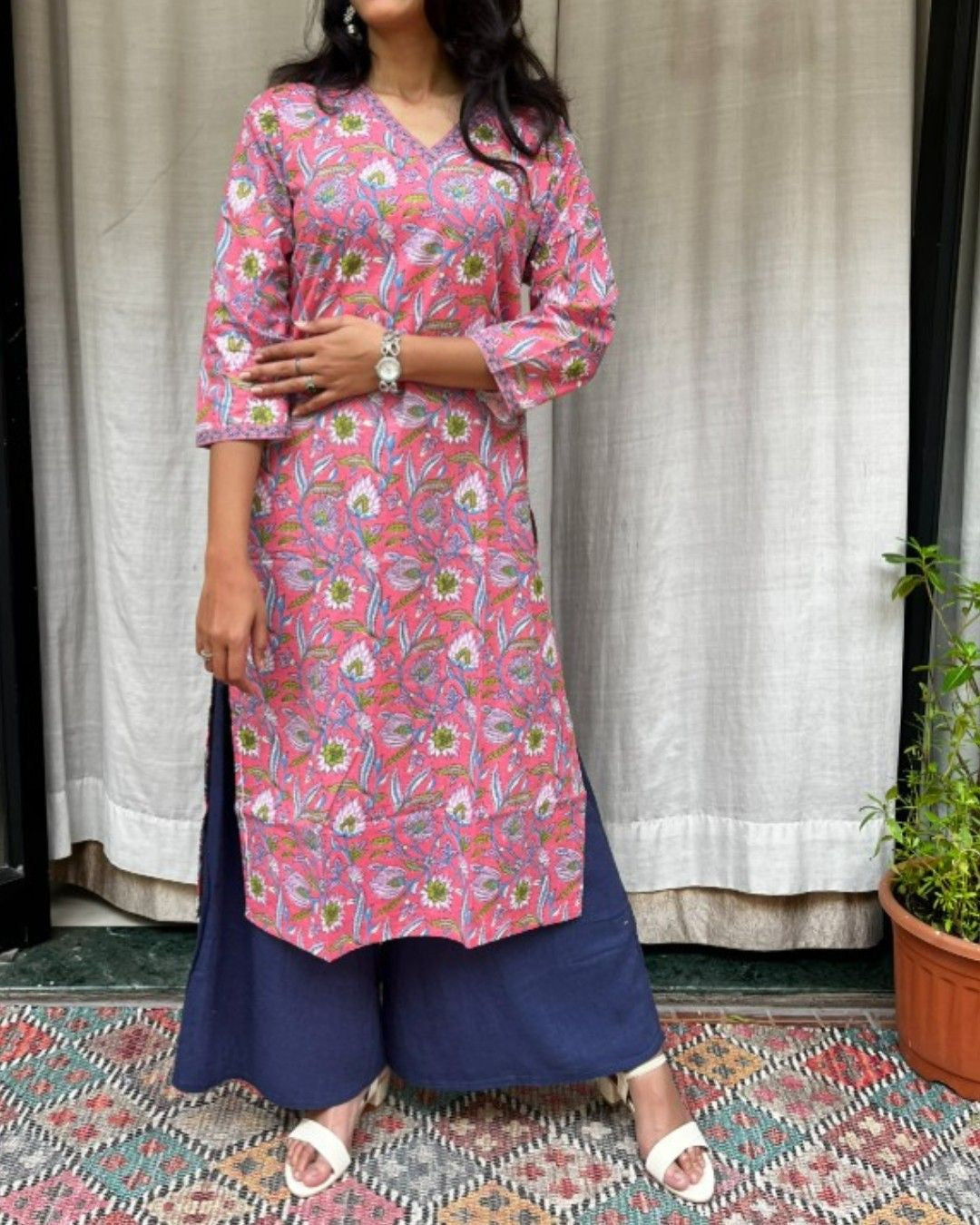 pink cotton straight kurta     