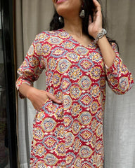 Radha Red Cotton Straight Kurta