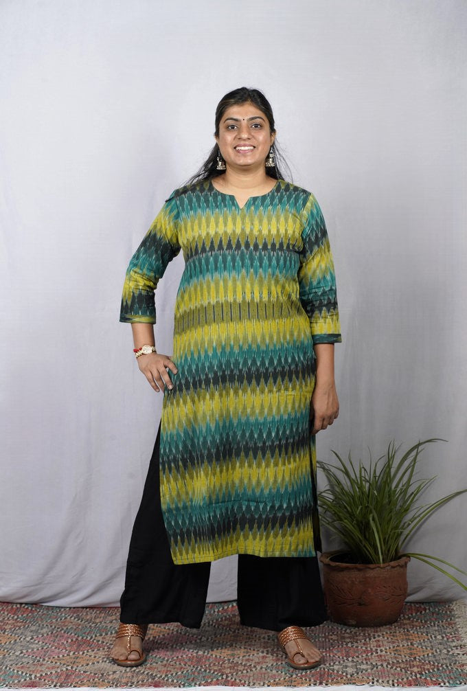 Avika Green Ikkat Cotton Straight Kurta– elegant ethnic wear for women, available for online shopping