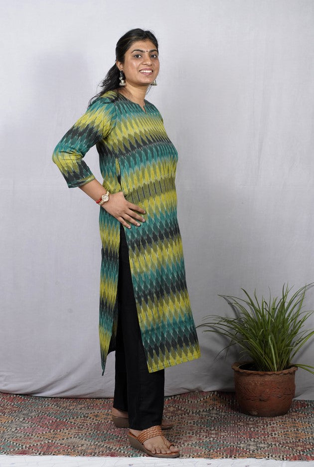 Avika Green Ikkat Cotton Straight Kurta– elegant ethnic wear for women, available for online shopping