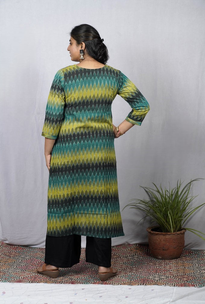 Avika Green Ikkat Cotton Straight Kurta– elegant ethnic wear for women, available for online shopping
