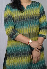 Avika Green Ikkat Cotton Straight Kurta– elegant ethnic wear for women, available for online shopping