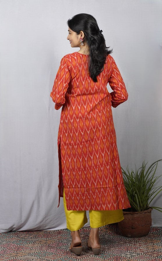 Saisha Orange Ikkat Cotton Straight Kurta – elegant ethnic wear for women, available for online shopping