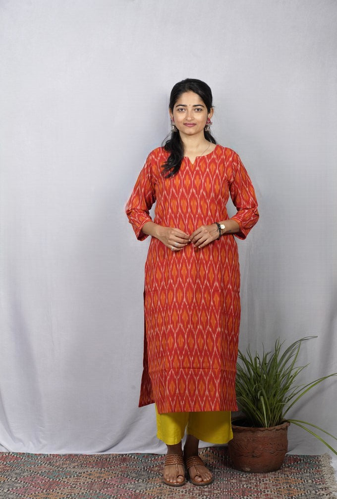 Saisha Orange Ikkat Cotton Straight Kurta – elegant ethnic wear for women, available for online shopping