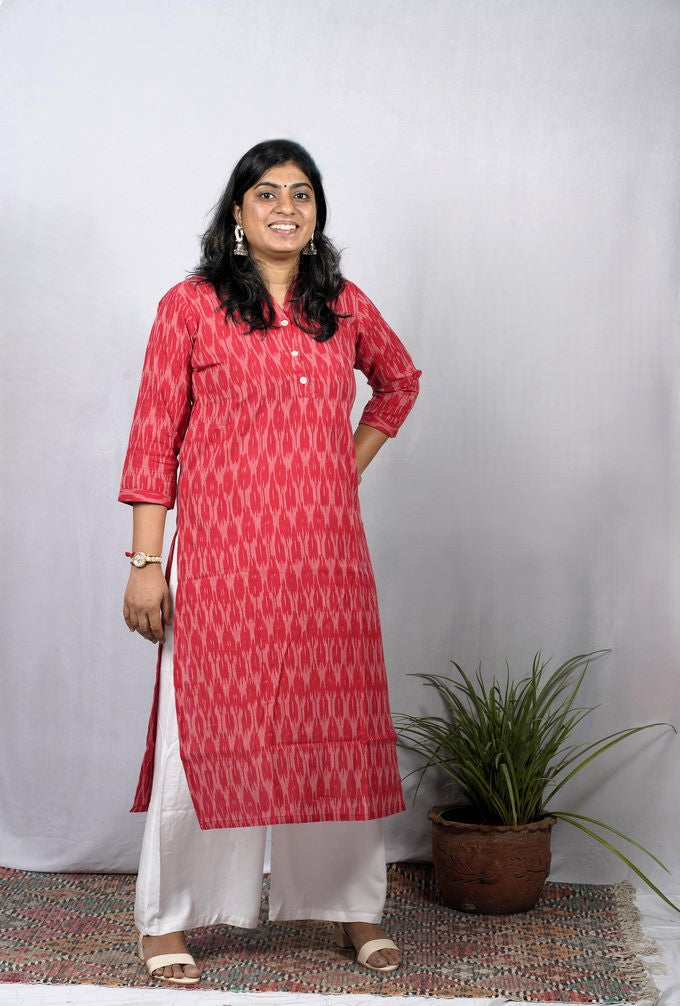 Samira Red Ikkat Cotton Straight Kurta – elegant ethnic wear for women, available for online shopping