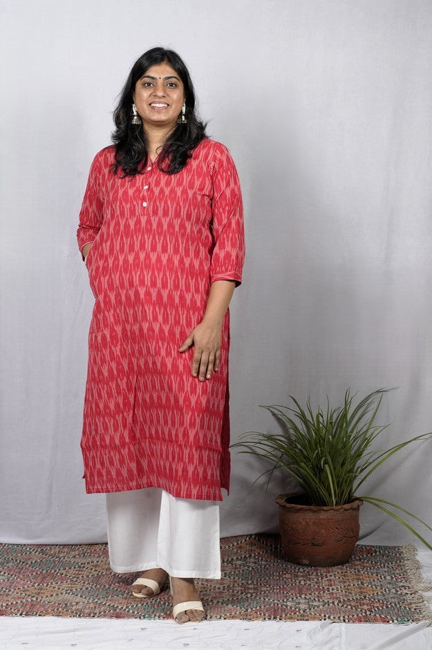 Samira Red Ikkat Cotton Straight Kurta