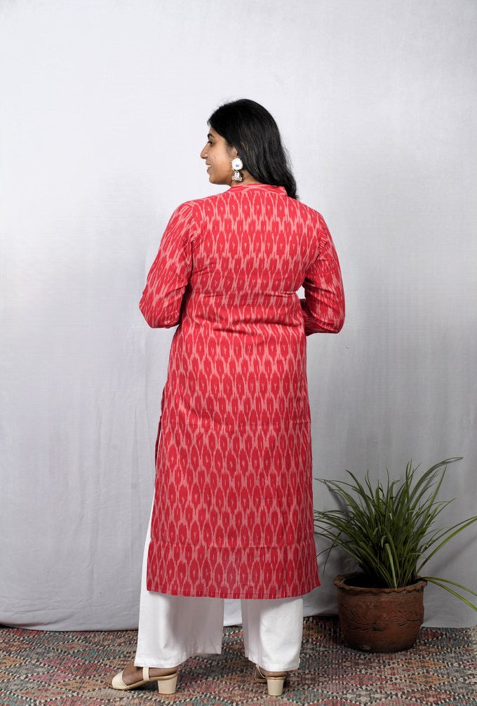 Samira Red Ikkat Cotton Straight Kurta – elegant ethnic wear for women, available for online shopping