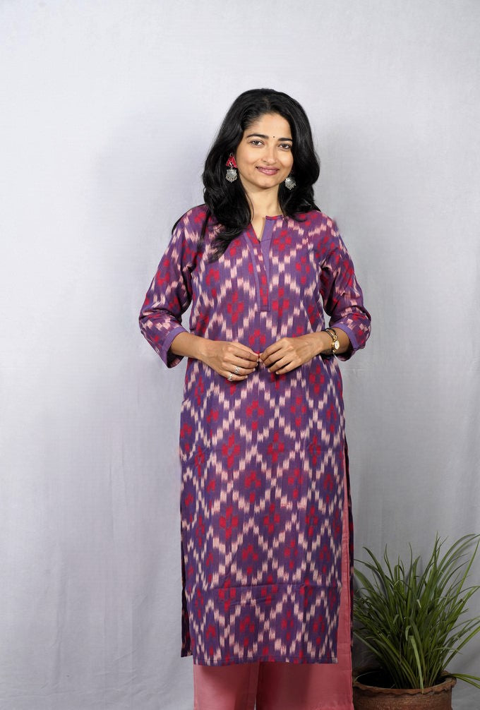 Juhi Purple Ikkat Cotton Straight Kurta– elegant ethnic wear for women, available for online shopping
