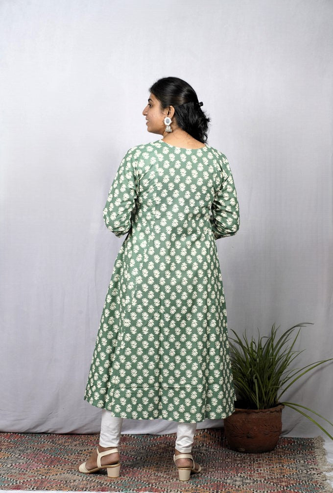Heena Green Cotton Kali Kurta elegant ethnic wear for women, available for online shopping