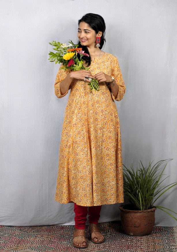 Ruhi Yellow Cotton Kali Kurta