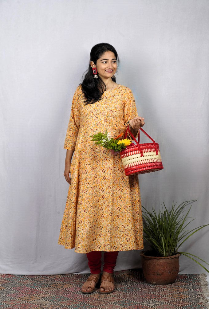 Ruhi Yellow Cotton Kali Kurta
