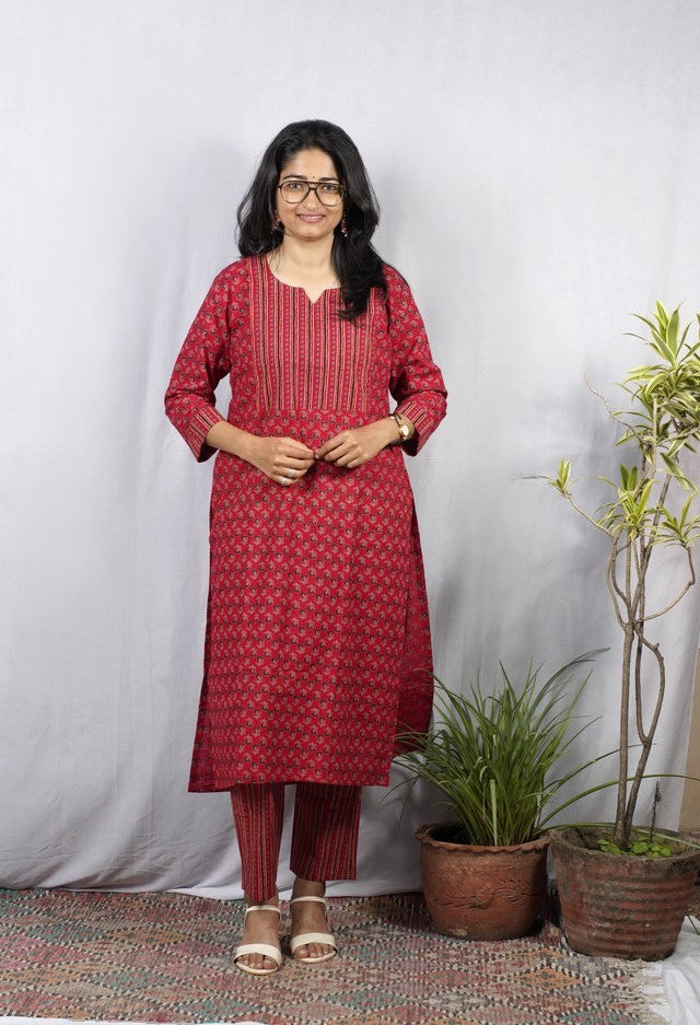 Geet Red Cotton Coord Set