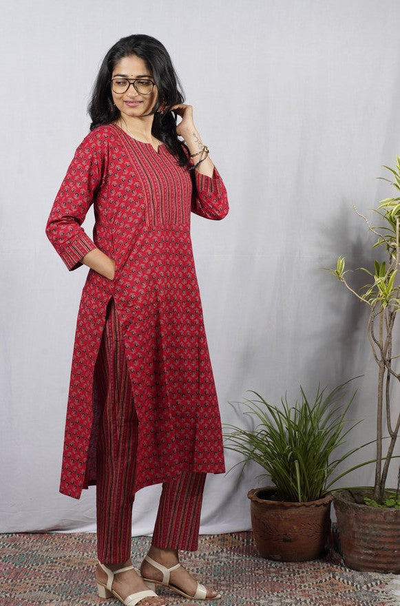 Geet Red Cotton Coord Set