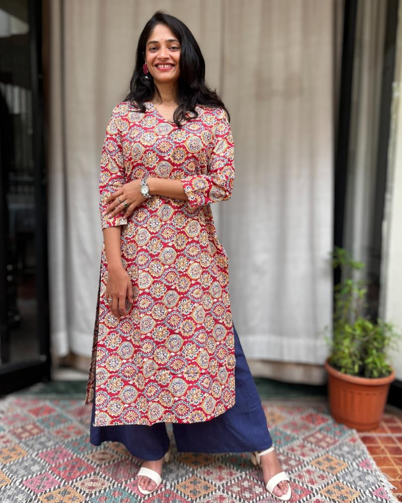 Radha Red Cotton Straight Kurta