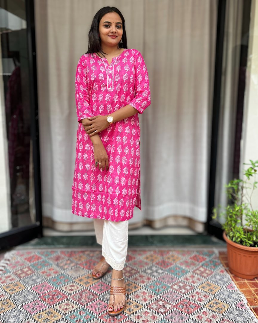 Radha Pink Cotton Straight Kurta