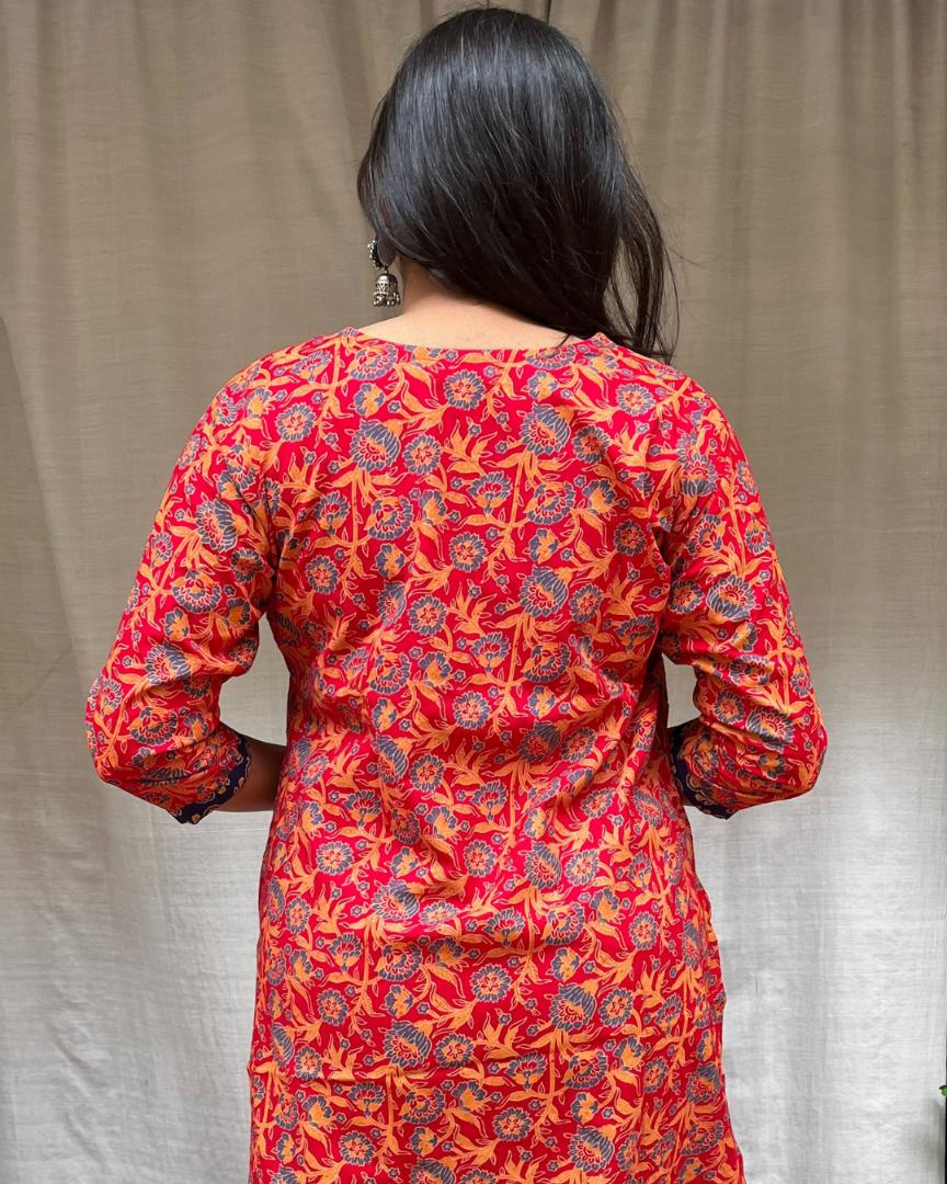 Ganga Red Cotton Straight Kurta