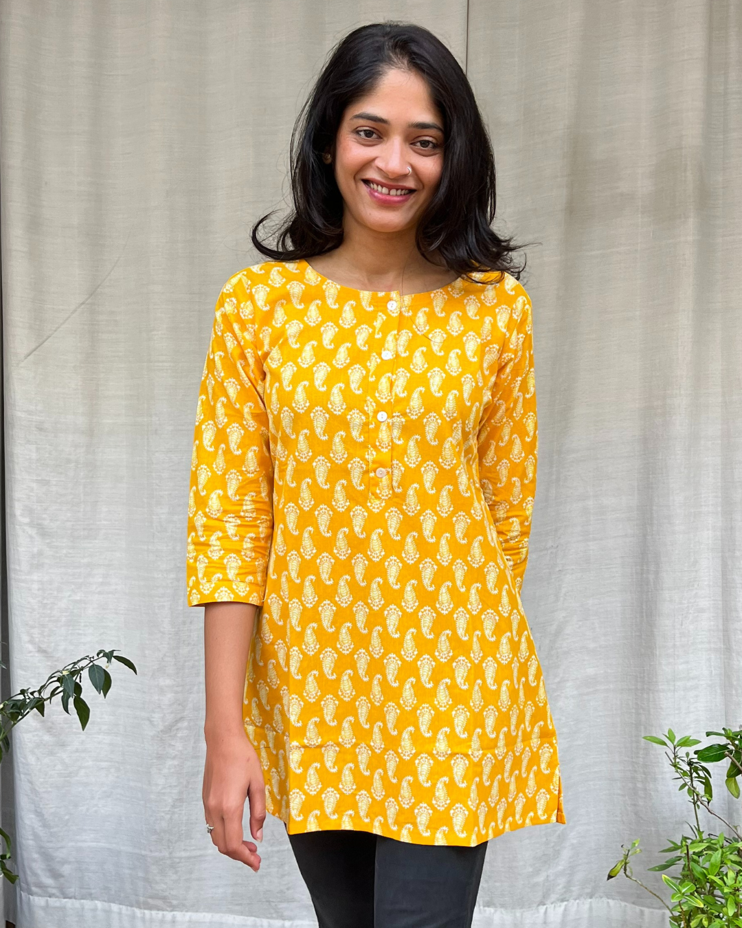 Uma Yellow Cotton Short Top Kurti