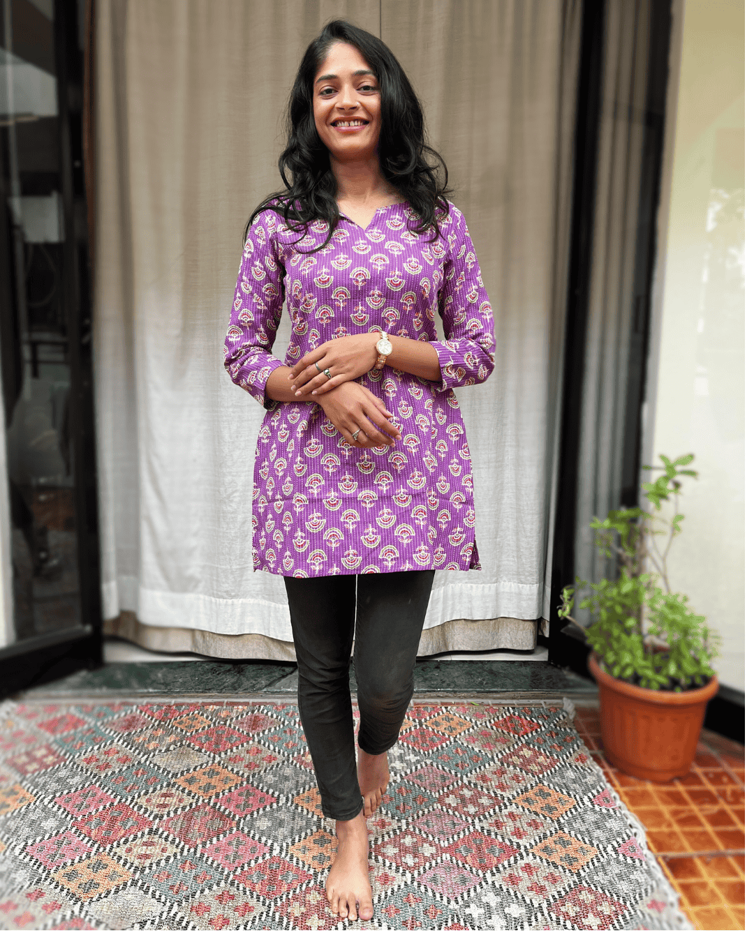 Devki Purple Cotton Short Top Kurti. Hip covering for every day wear 