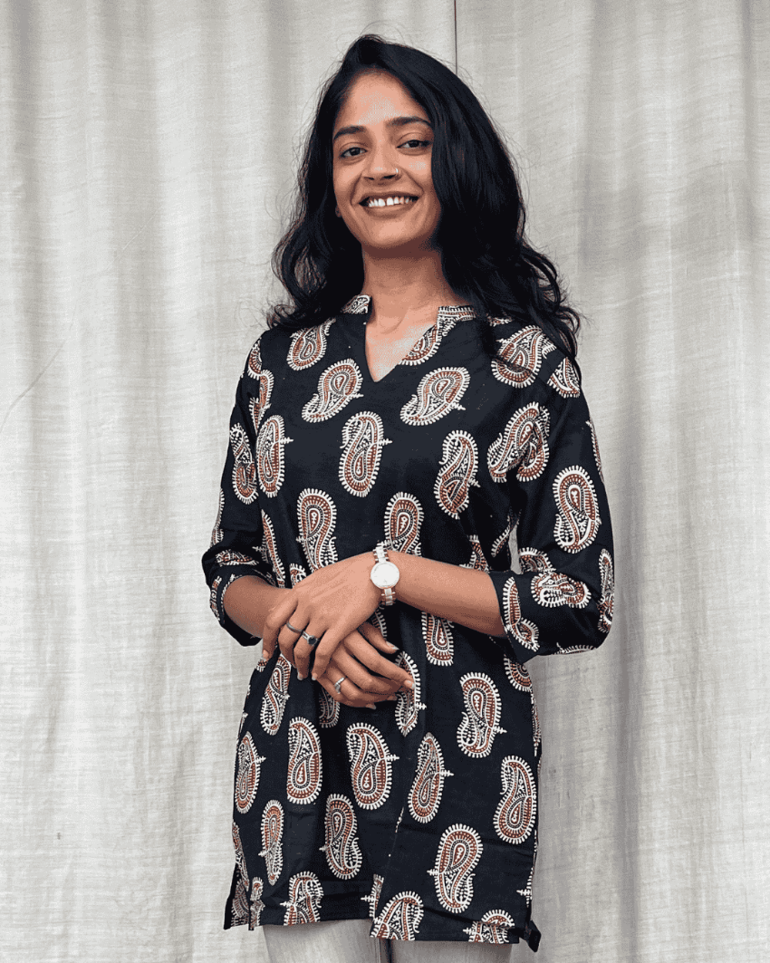 Kiara Black Cotton Short Top Kurti
