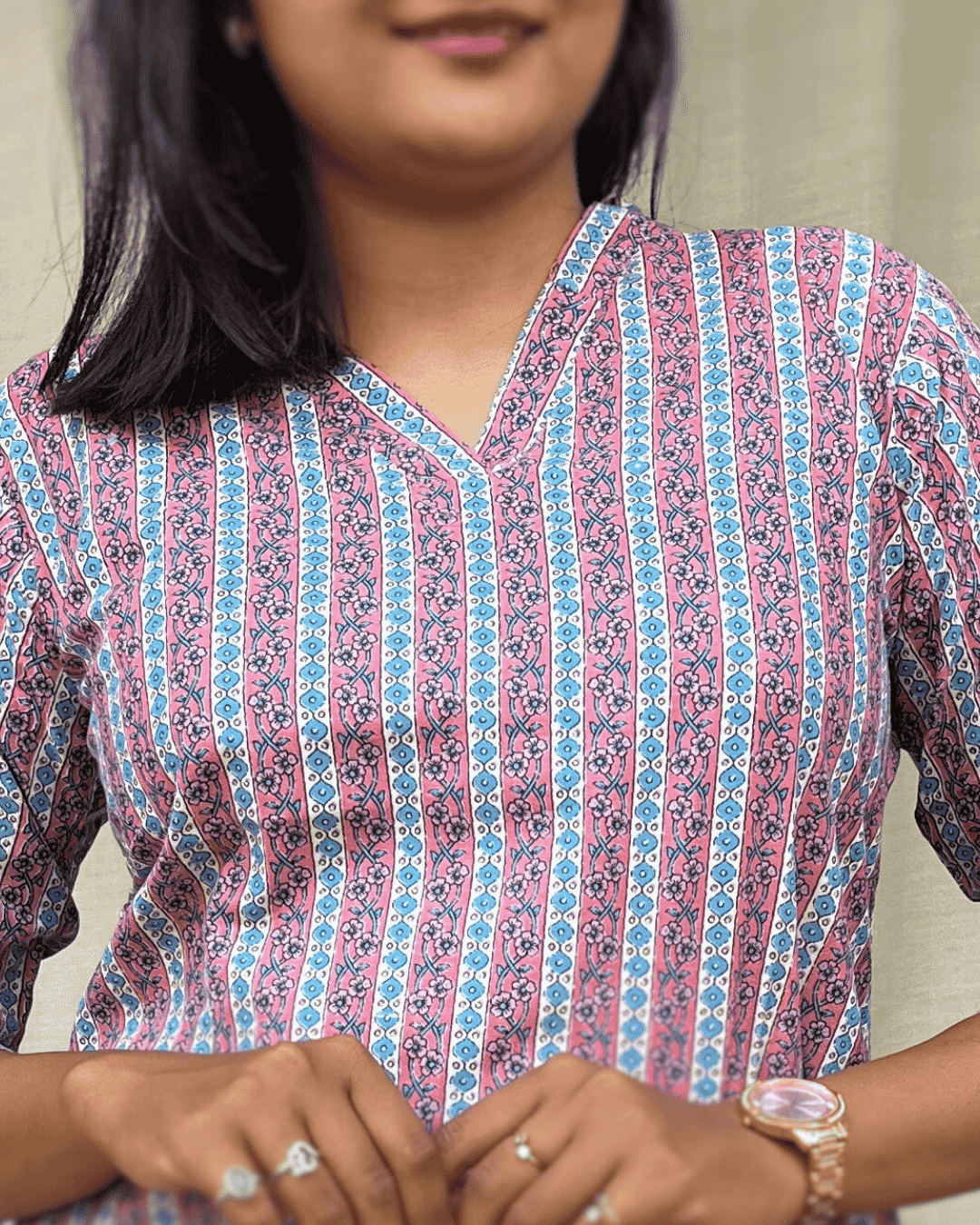 Girija Pink Cotton Short Top Kurti