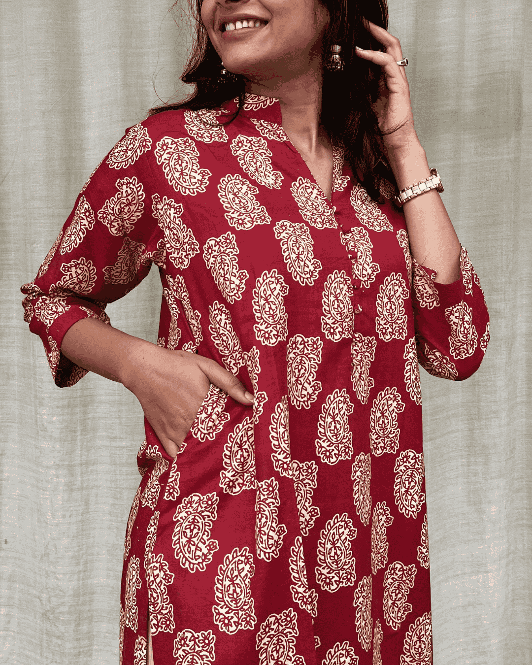 Rutvi Maroon Cotton Straight Kurta