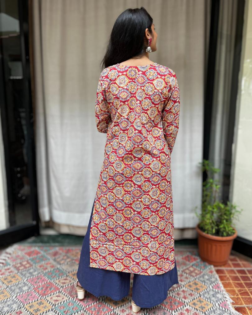 Radha Red Cotton Straight Kurta