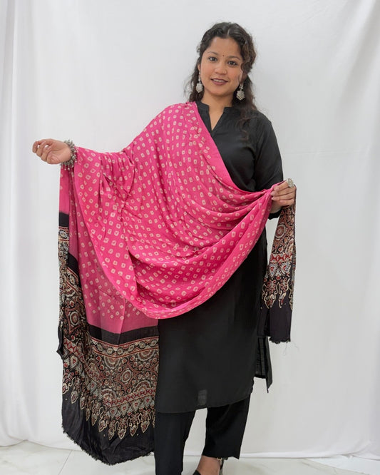 Bandhani Ajrakh Pink and Black Modal Silk Dupatta