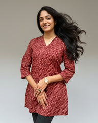 Girija Red Cotton Short Top Kurti