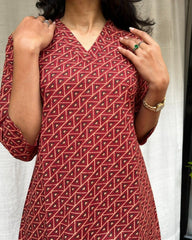 Girija Red Cotton Short Top Kurti