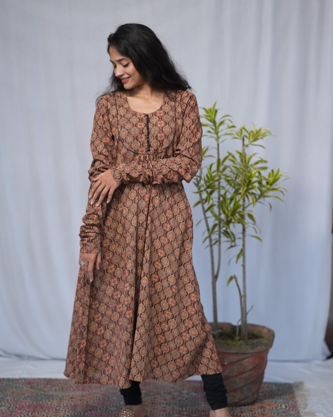 cotton brown chudi sleeves aline kurta   