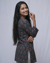 Lakshmi Ajrakh Cotton Blue Straight Short Top Kurti