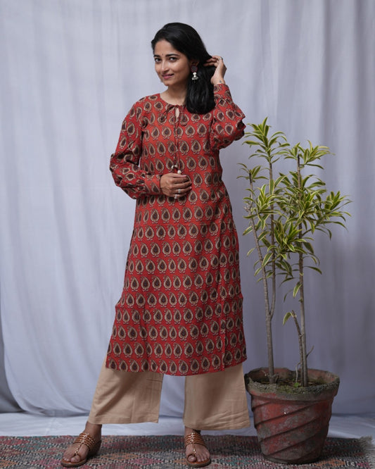 bagru cotton red straight kurta    